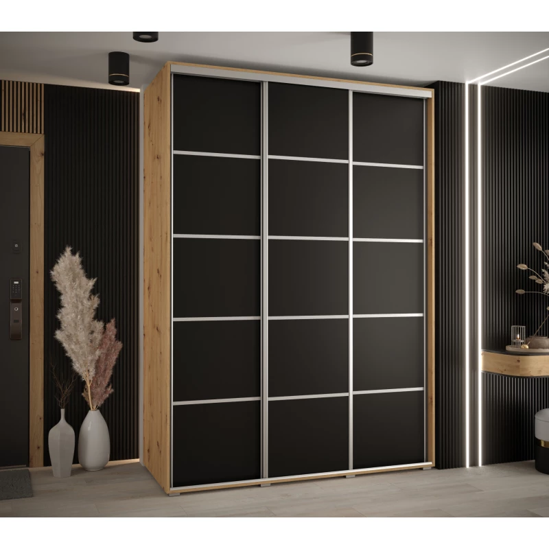 Šatní skříň ASIRI 4 - 170/60 cm, dub artisan / černá / stříbrná