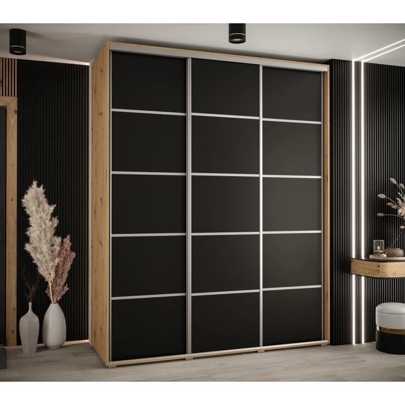 Šatní skříň ASIRI 4 - 190/60 cm, dub artisan / černá / stříbrná