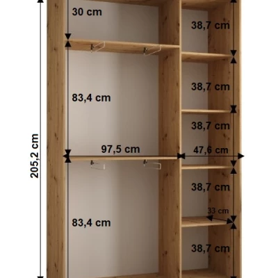 Šatní skříň YVONA 1 - 150/45 cm, dub artisan / bílá / stříbrná