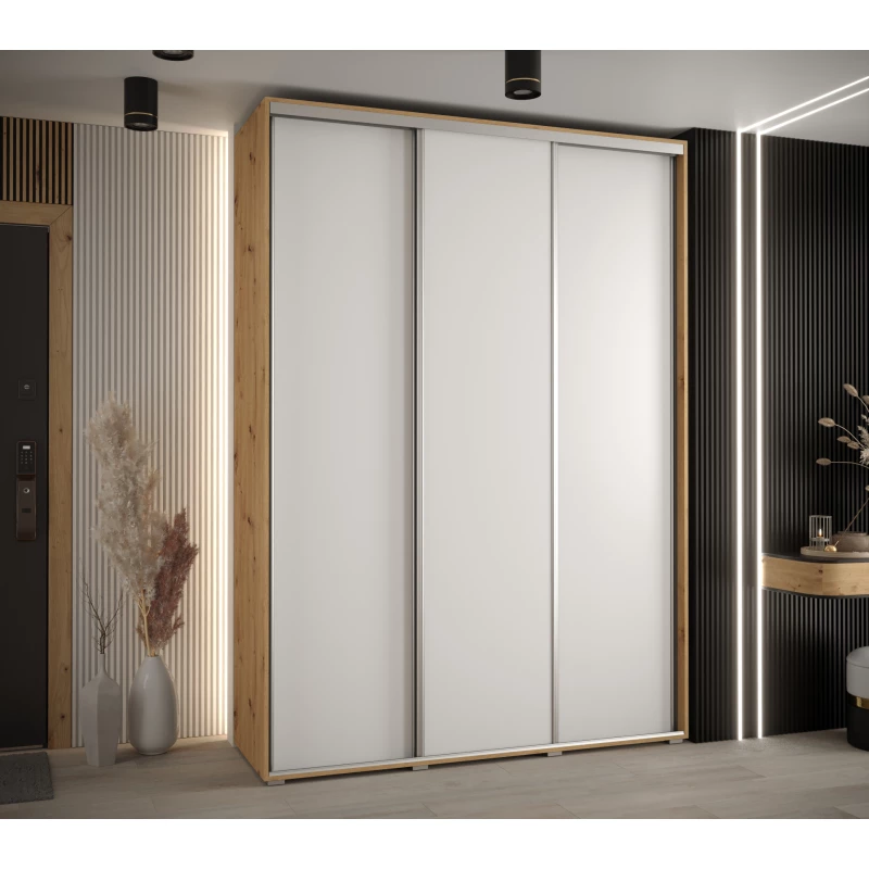 Šatní skříň YVONA 1 - 180/45 cm, dub artisan / bílá / stříbrná