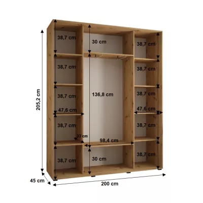 Šatní skříň YVONA 1 - 200/45 cm, dub artisan / bílá / stříbrná