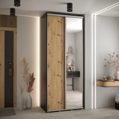 Šatní skříň YVONA 3 - 110/45 cm, černá / dub artisan / stříbrná