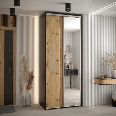 Šatní skříň YVONA 13 - 120/45 cm, černá / dub artisan / stříbrná