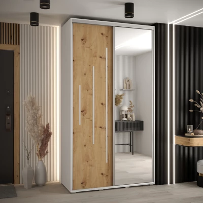 Šatní skříň YVONA 13 - 130/45 cm, bílá / dub artisan / stříbrná