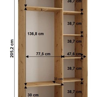 Šatní skříň YVONA 13 - 130/45 cm, dub artisan / stříbrná