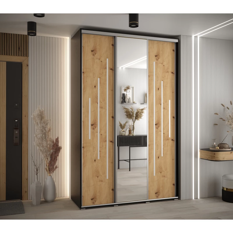 Šatní skříň YVONA 13 - 150/45 cm, černá / dub artisan / stříbrná