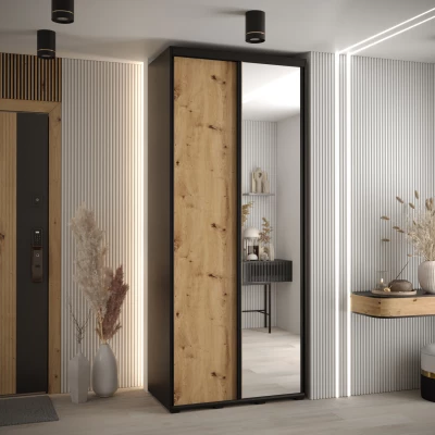 Šatní skříň YVONA 3 - 120/45 cm, černá / dub artisan / černá