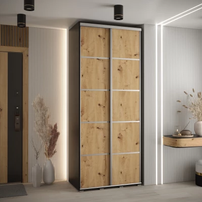 Šatní skříň YVONA 4 - 120/45 cm, černá / dub artisan / stříbrná