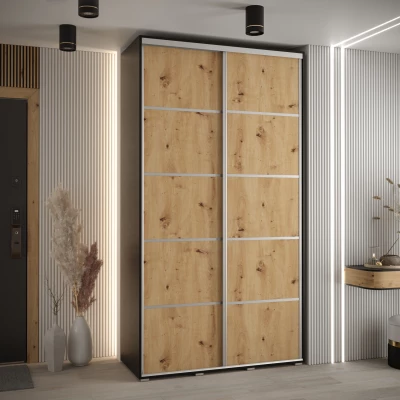 Šatní skříň YVONA 4 - 130/45 cm, černá / dub artisan / stříbrná