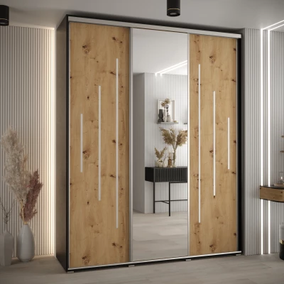 Šatní skříň YVONA 13 - 190/45 cm, černá / dub artisan / stříbrná