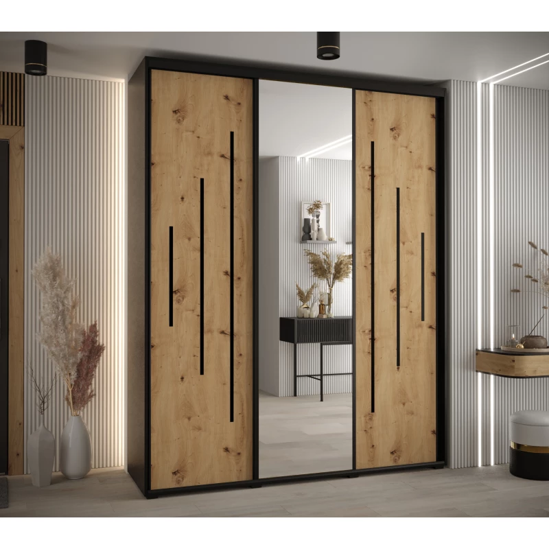 Šatní skříň YVONA 13 - 190/45 cm, černá / dub artisan / černá