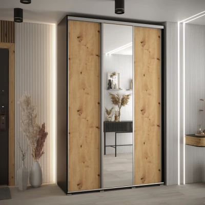 Šatní skříň YVONA 3 - 160/45 cm, černá / dub artisan / stříbrná