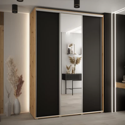 Šatní skříň YVONA 3 - 170/45 cm, dub artisan / černá / stříbrná