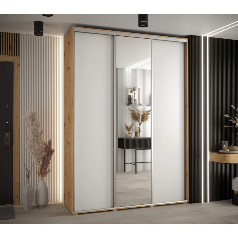 Šatní skříň YVONA 3 - 180/45 cm, dub artisan / bílá / stříbrná