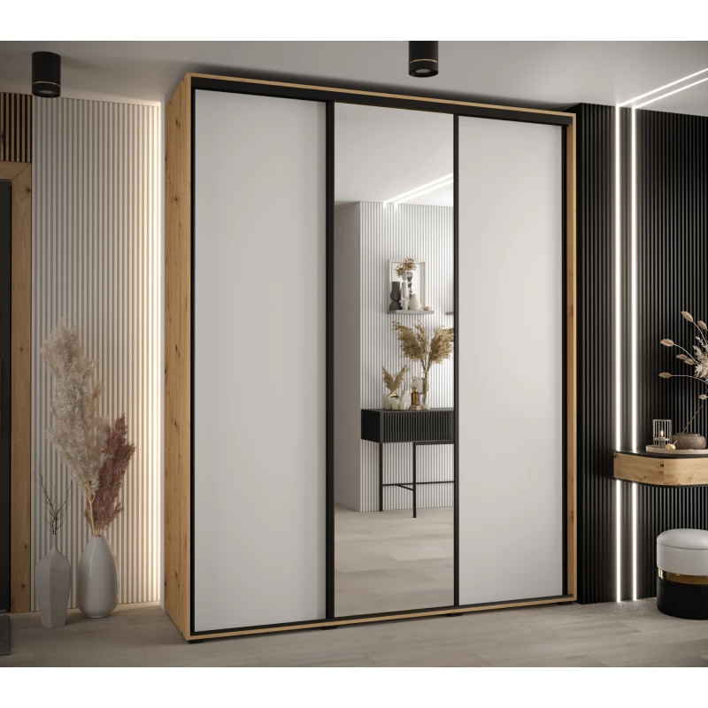 Šatní skříň YVONA 3 - 190/45 cm, dub artisan / bílá / černá