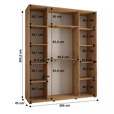 Šatní skříň YVONA 3 - 200/45 cm, dub artisan / stříbrná