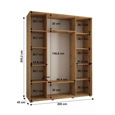 Šatní skříň YVONA 3 - 200/45 cm, dub artisan / stříbrná