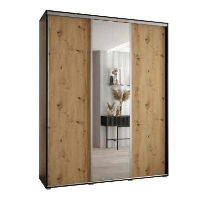 Šatní skříň YVONA 3 - 200/45 cm, černá / dub artisan / stříbrná