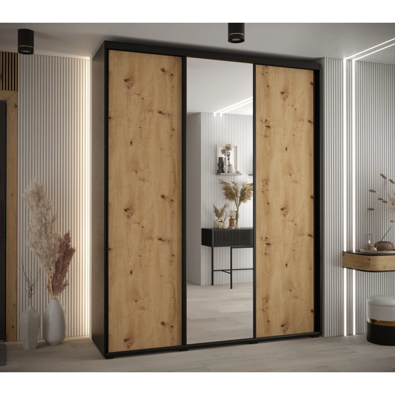 Šatní skříň YVONA 3 - 200/45 cm, černá / dub artisan / černá