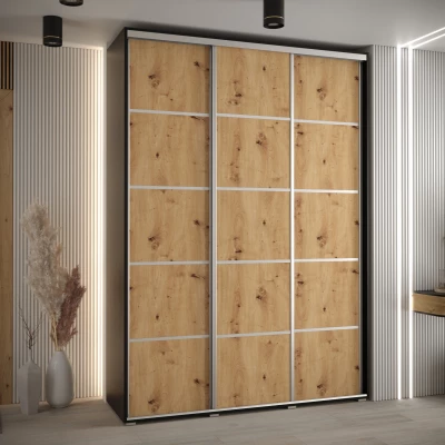 Šatní skříň YVONA 4 - 170/45 cm, černá / dub artisan / stříbrná