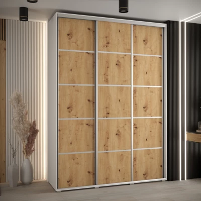 Šatní skříň YVONA 4 - 170/45 cm, bílá / dub artisan / stříbrná