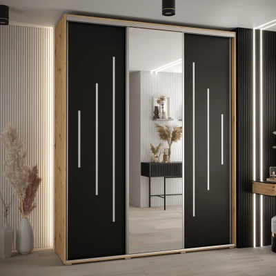 Šatní skříň YVONA 13 - 200/45 cm, dub artisan / černá / stříbrná