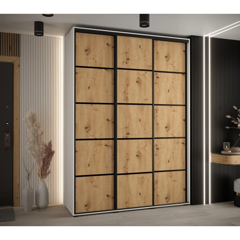 Šatní skříň YVONA 4 - 180/45 cm, bílá / dub artisan / černá