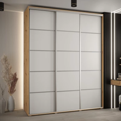 Šatní skříň YVONA 4 - 190/45 cm, dub artisan / bílá / stříbrná