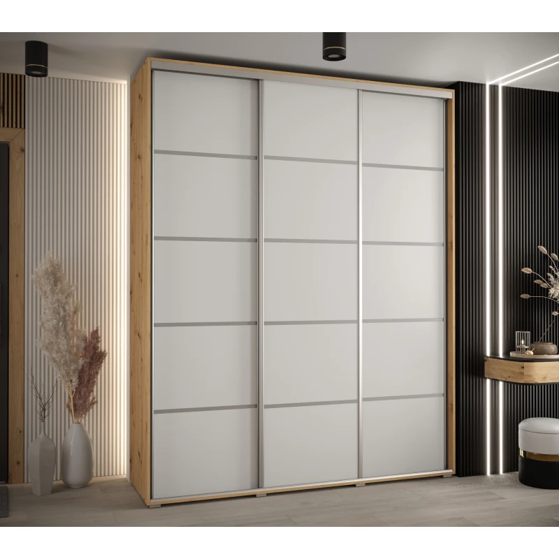 Šatní skříň YVONA 4 - 190/45 cm, dub artisan / bílá / stříbrná