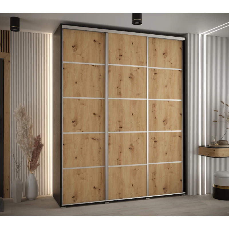 Šatní skříň YVONA 4 - 190/45 cm, černá / dub artisan / stříbrná