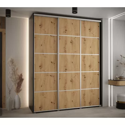 Šatní skříň YVONA 4 - 190/45 cm, černá / dub artisan / stříbrná
