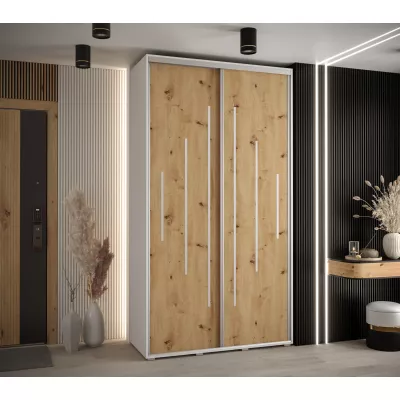 Šatní skříň YVONA 12 - 140/45 cm, bílá / dub artisan / stříbrná