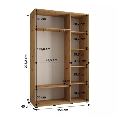 Šatní skříň YVONA 12 - 150/45 cm, bílá / černá / zlatá