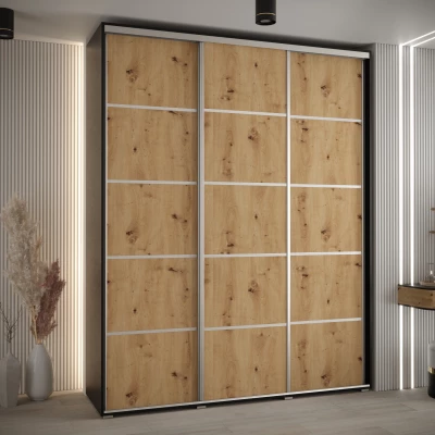 Šatní skříň YVONA 4 - 200/45 cm, černá / dub artisan / stříbrná