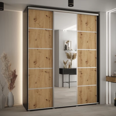 Šatní skříň YVONA 5 - 190/45 cm, černá / dub artisan / stříbrná