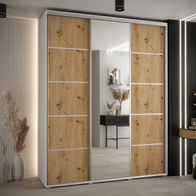 Šatní skříň YVONA 5 - 200/45 cm, bílá / dub artisan / stříbrná