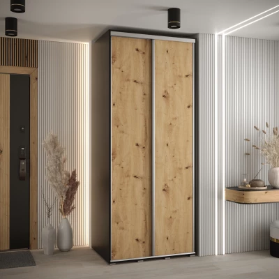 Šatní skříň YVONA 1 - 120/60 cm, černá / dub artisan / stříbrná