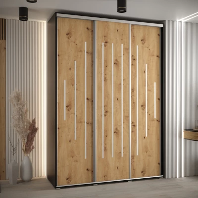 Šatní skříň YVONA 12 - 180/45 cm, černá / dub artisan / stříbrná