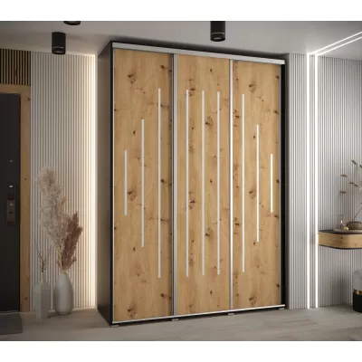 Šatní skříň YVONA 12 - 180/45 cm, černá / dub artisan / stříbrná