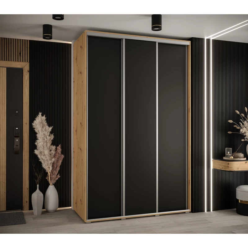 Šatní skříň YVONA 1 - 160/60 cm, dub artisan / černá / stříbrná