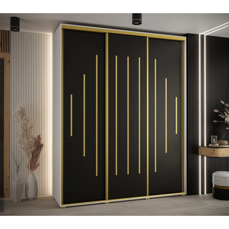 Šatní skříň YVONA 12 - 200/45 cm, bílá / černá / zlatá