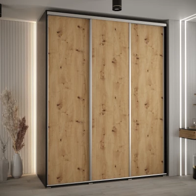 Šatní skříň YVONA 1 - 190/60 cm, černá / dub artisan / stříbrná
