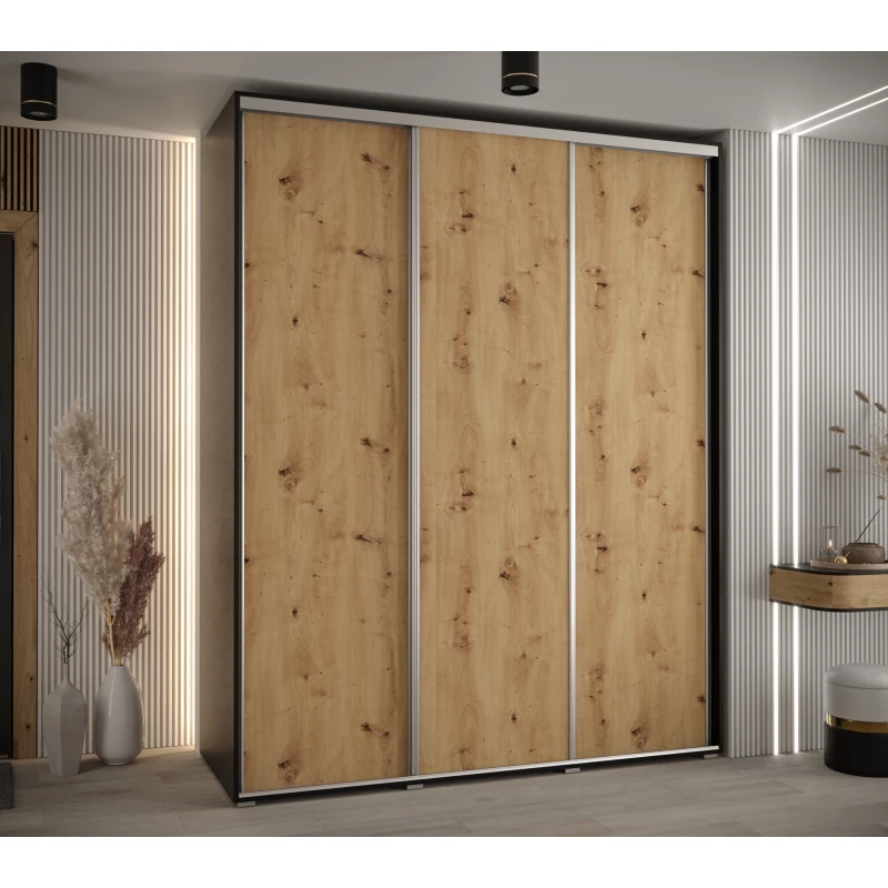 Šatní skříň YVONA 1 - 190/60 cm, černá / dub artisan / stříbrná
