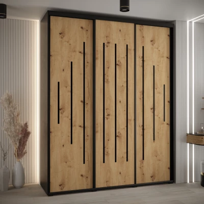 Šatní skříň YVONA 12 - 200/45 cm, černá / dub artisan / černá