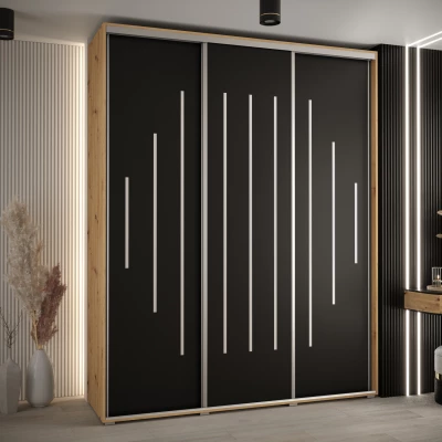 Šatní skříň YVONA 12 - 200/45 cm, dub artisan / černá / stříbrná