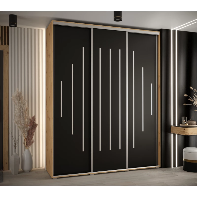 Šatní skříň YVONA 12 - 200/45 cm, dub artisan / černá / stříbrná