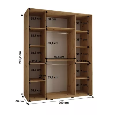 Šatní skříň YVONA 1 - 200/60 cm, dub artisan / bílá / stříbrná