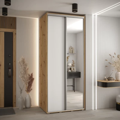 Šatní skříň YVONA 3 - 110/60 cm, dub artisan / bílá / stříbrná