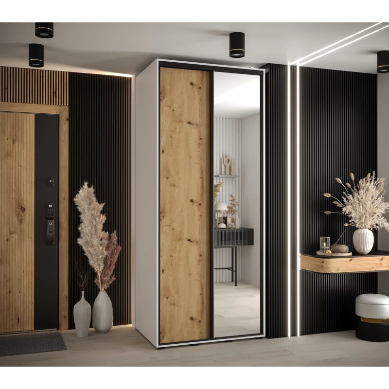 Šatní skříň YVONA 3 - 110/60 cm, bílá / dub artisan / černá