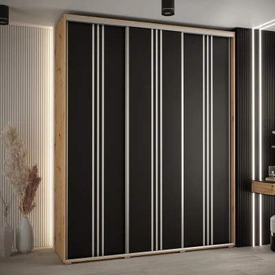 Šatní skříň YVONA 6 - 190/45 cm, dub artisan / černá / stříbrná